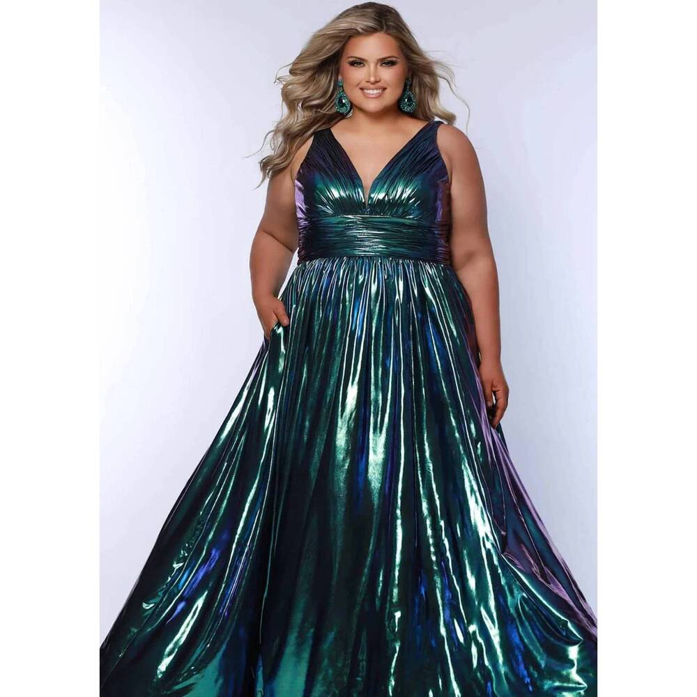 NEW SYDNEY'S CLOSET sc7415 metallic a line v-neck prom dress- plus size in peaco